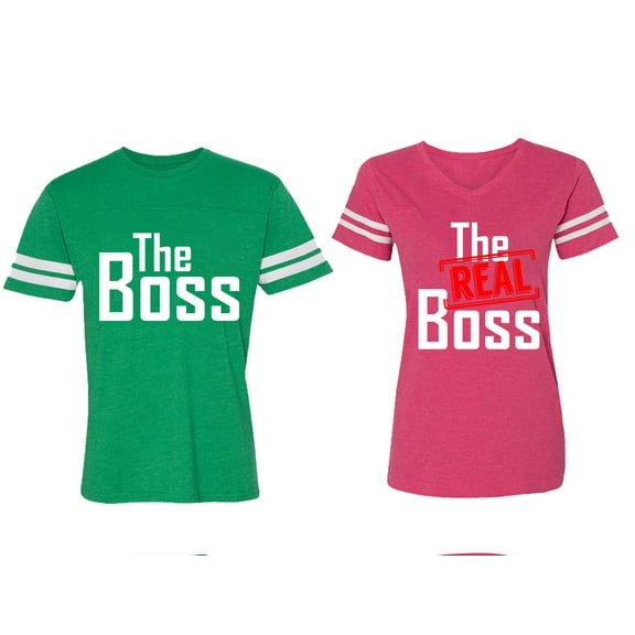 The Boss The Real Boss Matching Couple Cotton Jerseys (Men Green / Women Pink) (Men S / Women XL)