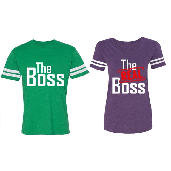 The Boss The Real Boss Matching Couple Cotton Jerseys (Men Green / Women Purple) (Men S / Women M)