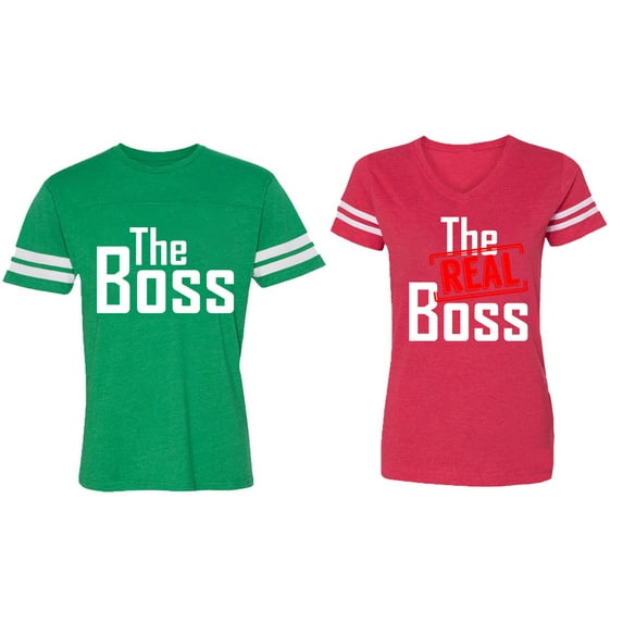 The Boss The Real Boss Matching Couple Cotton Jerseys (Men Green / Women Red) (Men XL / Women S)