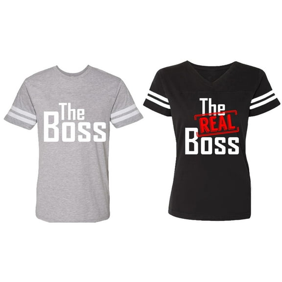 The Boss The Real Boss Matching Couple Cotton Jerseys (Men Heather / Women Black) (Men S / Women XXL)