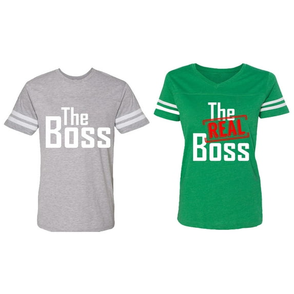 The Boss The Real Boss Matching Couple Cotton Jerseys (Men Heather / Women Green) (Men L / Women XL)