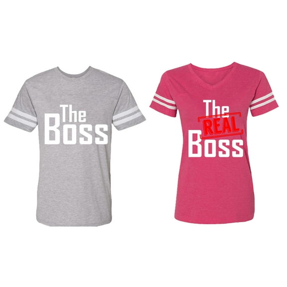 The Boss The Real Boss Matching Couple Cotton Jerseys (Men Heather / Women Pink) (Men L / Women XXL)