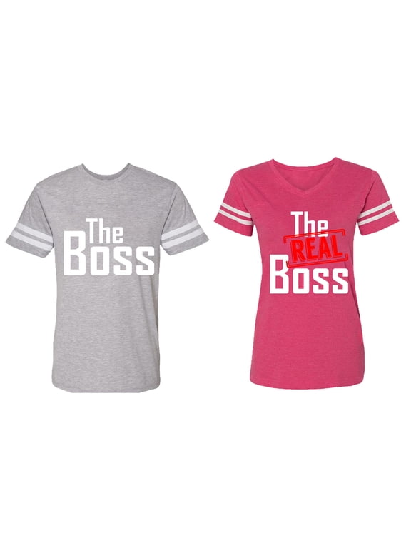 The Boss The Real Boss Matching Couple Cotton Jerseys (Men Heather / Women Pink) (Men XL / Women XL)