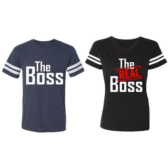 The Boss The Real Boss Matching Couple Cotton Jerseys (Men Navy / Women Black) (Men S / Women S)