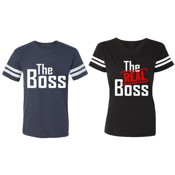The Boss The Real Boss Matching Couple Cotton Jerseys (Men Navy / Women Black) (Men S / Women XL)