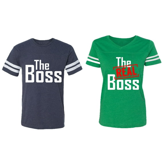 The Boss The Real Boss Matching Couple Cotton Jerseys (Men Navy / Women Green) (Men XL / Women L)