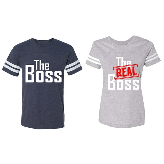 The Boss The Real Boss Matching Couple Cotton Jerseys (Men Navy / Women Heather) (Men L / Women XL)