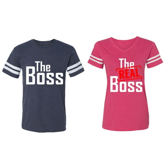 The Boss The Real Boss Matching Couple Cotton Jerseys (Men Navy / Women Pink) (Men S / Women S)