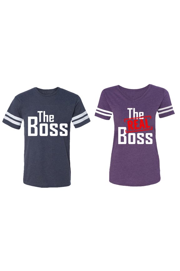 The Boss The Real Boss Matching Couple Cotton Jerseys (Men Navy / Women Purple) (Men L / Women L)