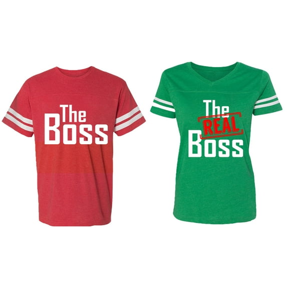 The Boss The Real Boss Matching Couple Cotton Jerseys (Men Red / Women Green) (Men M / Women S)