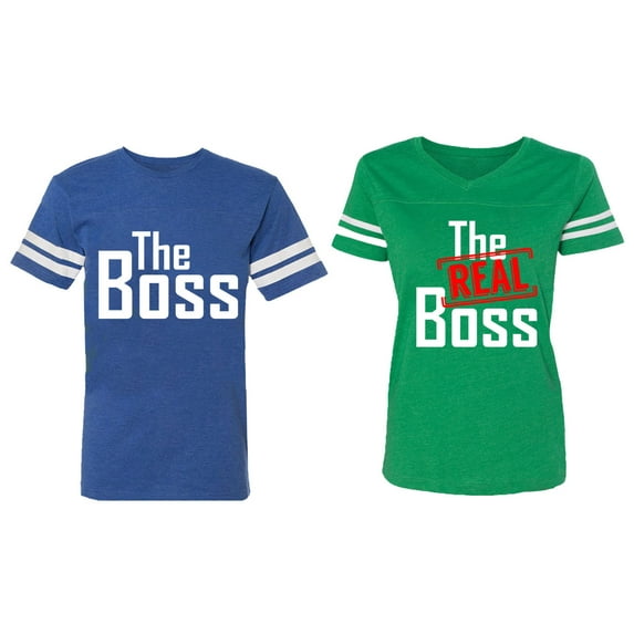 The Boss The Real Boss Matching Couple Cotton Jerseys (Men Royal / Women Green) (Men S / Women S)