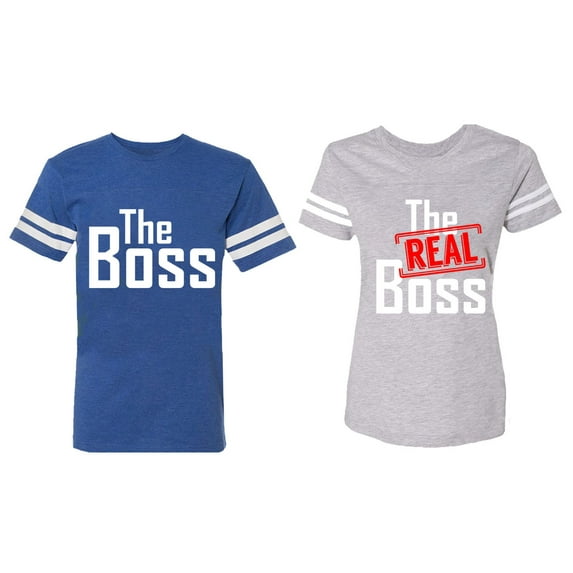 The Boss The Real Boss Matching Couple Cotton Jerseys (Men Royal / Women Heather) (Men XXL / Women XL)