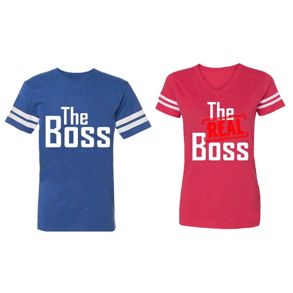 The Boss The Real Boss Matching Couple Cotton Jerseys (Men Royal / Women Red) (Men XXL / Women XL)