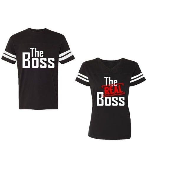The Boss The Real Boss Unisex Couple Matching Cotton Jersey style T-Shirt Contrasting stripes on sleeves (Men Black / Women Black) (Men S / Women S)