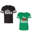 thumbnail image 1 of The Boss The Real Boss Unisex Couple Matching Cotton Jersey style T-Shirt Contrasting stripes on sleeves (Men Black / Women Green) (Men L / Women XL), 1 of 3