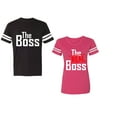 thumbnail image 1 of The Boss The Real Boss Unisex Couple Matching Cotton Jersey style T-Shirt Contrasting stripes on sleeves (Men Black / Women Pink) (Men L / Women S), 1 of 3