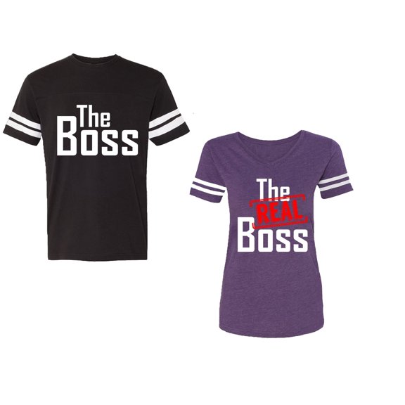 The Boss The Real Boss Unisex Couple Matching Cotton Jersey style T-Shirt Contrasting stripes on sleeves (Men Black / Women Purple) (Men S / Women S)