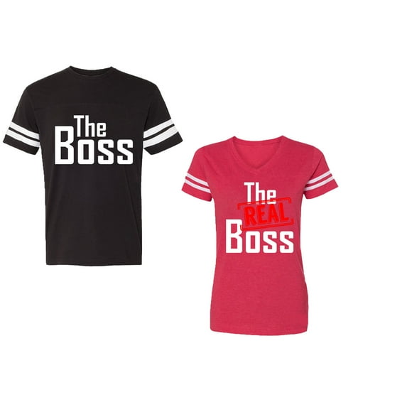 The Boss The Real Boss Unisex Couple Matching Cotton Jersey style T-Shirt Contrasting stripes on sleeves (Men Black / Women Red) (Men S / Women XL)