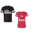 thumbnail image 1 of The Boss The Real Boss Unisex Couple Matching Cotton Jersey style T-Shirt Contrasting stripes on sleeves (Men Black / Women Red) (Men XL / Women XXL), 1 of 3