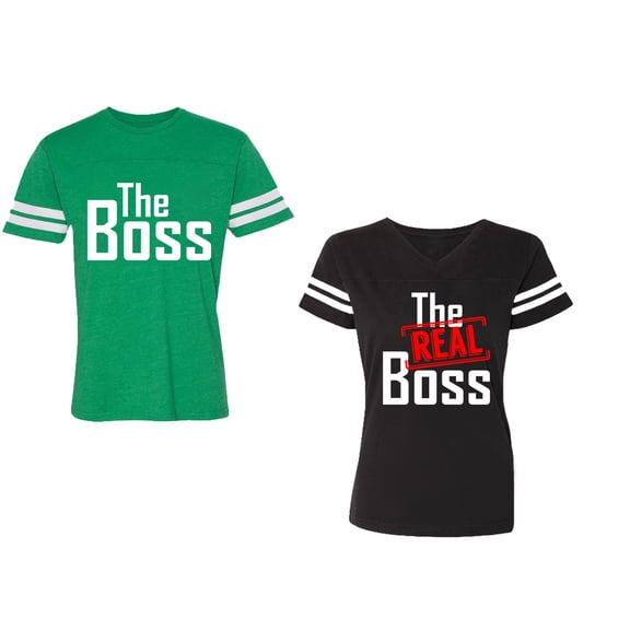 The Boss The Real Boss Unisex Couple Matching Cotton Jersey style T-Shirt Contrasting stripes on sleeves (Men Green / Women Black) (Men M / Women S)