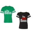thumbnail image 1 of The Boss The Real Boss Unisex Couple Matching Cotton Jersey style T-Shirt Contrasting stripes on sleeves (Men Green / Women Black) (Men S / Women S), 1 of 3