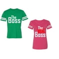 thumbnail image 1 of The Boss The Real Boss Unisex Couple Matching Cotton Jersey style T-Shirt Contrasting stripes on sleeves (Men Green / Women Pink) (Men M / Women L), 1 of 3