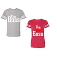 thumbnail image 1 of The Boss The Real Boss Unisex Couple Matching Cotton Jersey style T-Shirt Contrasting stripes on sleeves (Men Heather / Women Red) (Men S / Women L), 1 of 3