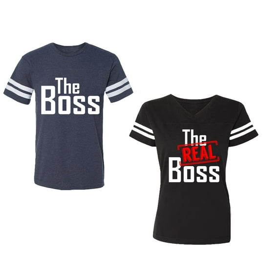 The Boss The Real Boss Unisex Couple Matching Cotton Jersey style T-Shirt Contrasting stripes on sleeves (Men Navy / Women Black) (Men M / Women XL)