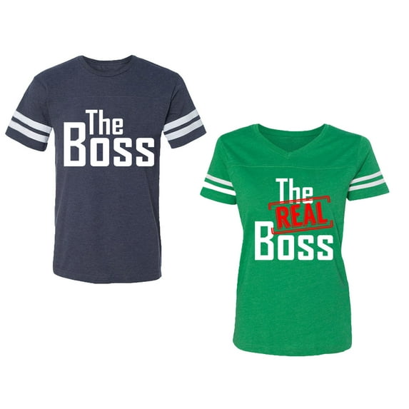 The Boss The Real Boss Unisex Couple Matching Cotton Jersey style T-Shirt Contrasting stripes on sleeves (Men Navy / Women Green) (Men XXL / Women S)
