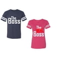 thumbnail image 1 of The Boss The Real Boss Unisex Couple Matching Cotton Jersey style T-Shirt Contrasting stripes on sleeves (Men Navy / Women Pink) (Men L / Women L), 1 of 3