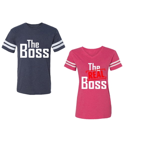 The Boss The Real Boss Unisex Couple Matching Cotton Jersey style T-Shirt Contrasting stripes on sleeves (Men Navy / Women Pink) (Men L / Women L)