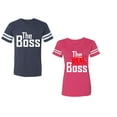 thumbnail image 1 of The Boss The Real Boss Unisex Couple Matching Cotton Jersey style T-Shirt Contrasting stripes on sleeves (Men Navy / Women Pink) (Men XL / Women L), 1 of 3