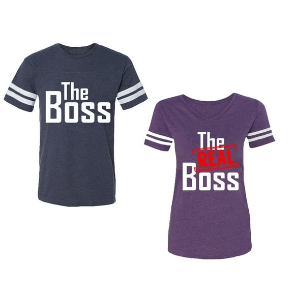 The Boss The Real Boss Unisex Couple Matching Cotton Jersey style T-Shirt Contrasting stripes on sleeves (Men Navy / Women Purple) (Men L / Women S)