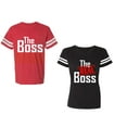 thumbnail image 1 of The Boss The Real Boss Unisex Couple Matching Cotton Jersey style T-Shirt Contrasting stripes on sleeves (Men Red / Women Black) (Men XXL / Women M), 1 of 3