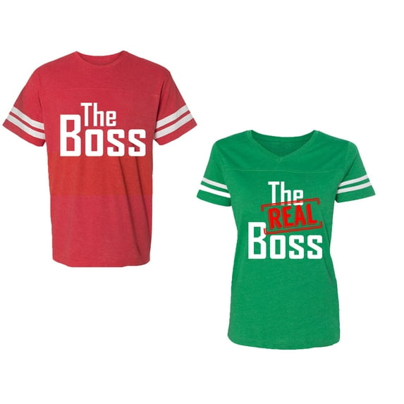 The Boss The Real Boss Unisex Couple Matching Cotton Jersey style T-Shirt Contrasting stripes on sleeves (Men Red / Women Green) (Men M / Women L)