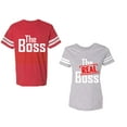 thumbnail image 1 of The Boss The Real Boss Unisex Couple Matching Cotton Jersey style T-Shirt Contrasting stripes on sleeves (Men Red / Women Heather) (Men M / Women S), 1 of 3