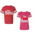 thumbnail image 1 of The Boss The Real Boss Unisex Couple Matching Cotton Jersey style T-Shirt Contrasting stripes on sleeves (Men Red / Women Pink) (Men XL / Women XL), 1 of 3