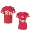 thumbnail image 1 of The Boss The Real Boss Unisex Couple Matching Cotton Jersey style T-Shirt Contrasting stripes on sleeves (Men Red / Women Red) (Men L / Women XXL), 1 of 3