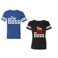 thumbnail image 1 of The Boss The Real Boss Unisex Couple Matching Cotton Jersey style T-Shirt Contrasting stripes on sleeves (Men Royal / Women Black) (Men S / Women S), 1 of 3