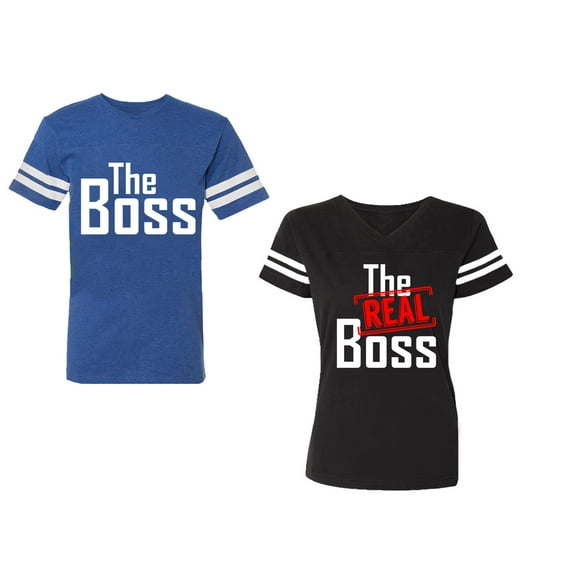 The Boss The Real Boss Unisex Couple Matching Cotton Jersey style T-Shirt Contrasting stripes on sleeves (Men Royal / Women Black) (Men S / Women S)