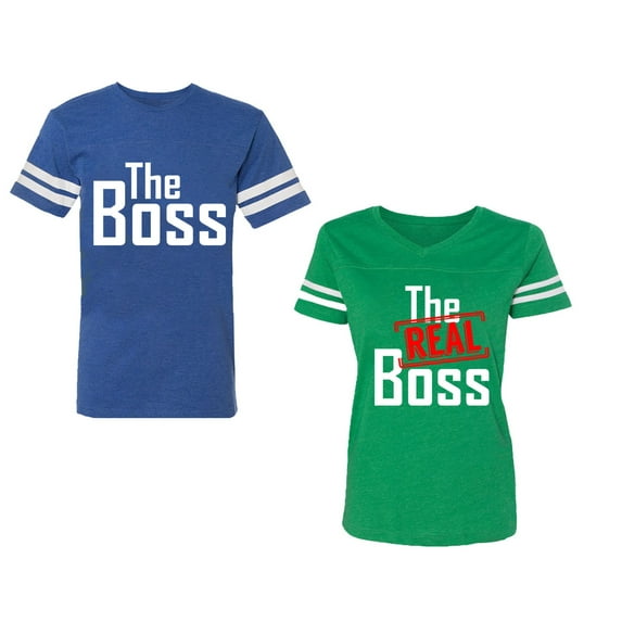 The Boss The Real Boss Unisex Couple Matching Cotton Jersey style T-Shirt Contrasting stripes on sleeves (Men Royal / Women Green) (Men L / Women M)