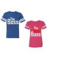 thumbnail image 1 of The Boss The Real Boss Unisex Couple Matching Cotton Jersey style T-Shirt Contrasting stripes on sleeves (Men Royal / Women Pink) (Men M / Women L), 1 of 3