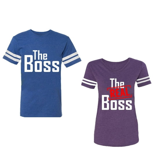 The Boss The Real Boss Unisex Couple Matching Cotton Jersey style T-Shirt Contrasting stripes on sleeves (Men Royal / Women Purple) (Men S / Women S)