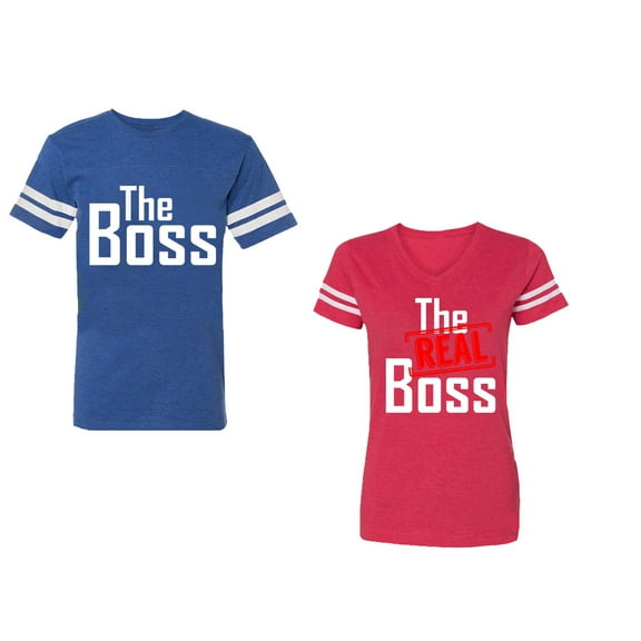 The Boss The Real Boss Unisex Couple Matching Cotton Jersey style T-Shirt Contrasting stripes on sleeves (Men Royal / Women Red) (Men XXL / Women M)