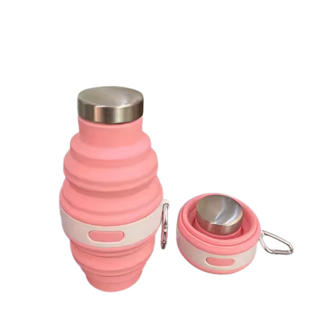 The Bouncing Bow Collapsible Silicone Water Bottle with Carabiner, 475ml/17oz, BPA-Free, Leak-Proof, Lightweight & Durable for Travel, Gym, Camping (Pink)