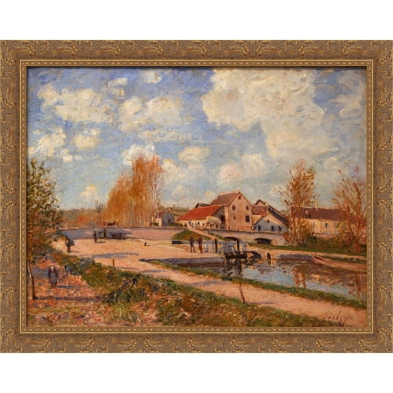 The Bourgogne Lock at Moret, Spring 36x28 Large Gold Ornate Wood Framed Canvas Art by Alfred Sisley