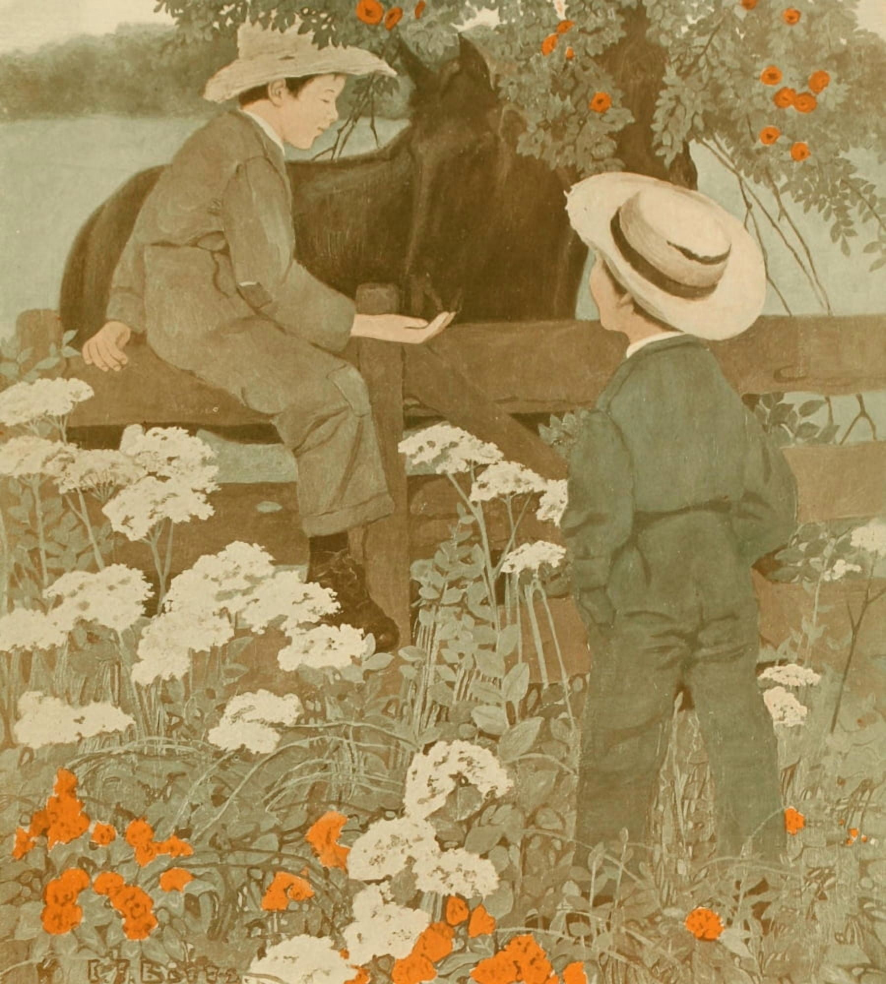 The Boy lives on our Farm 1911 Feeding the horses Canvas Art - Ethel Franklin Betts (18 x 24)