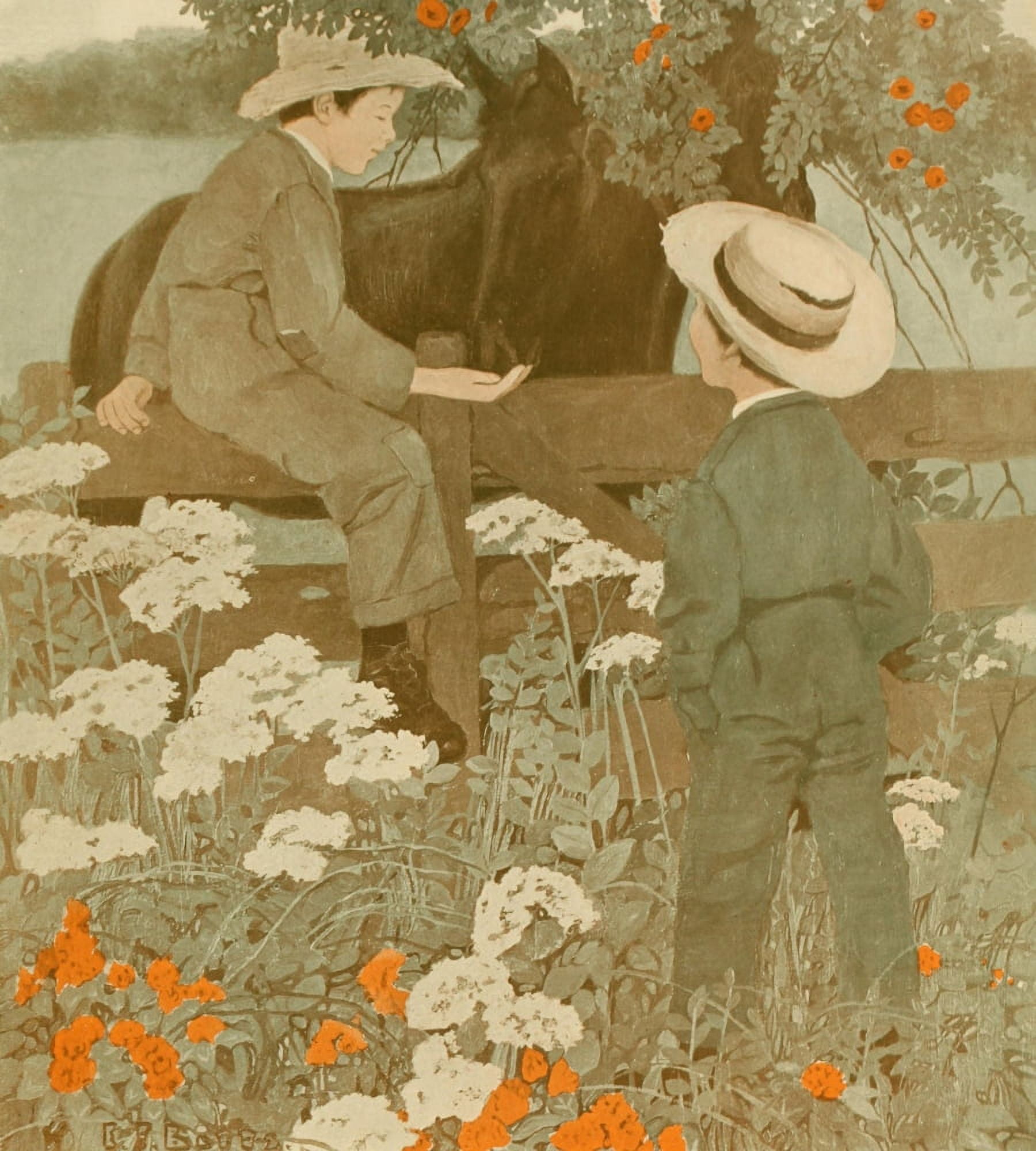 The Boy lives on our Farm 1911 Feeding the horses Canvas Art - Ethel Franklin Betts (24 x 36)