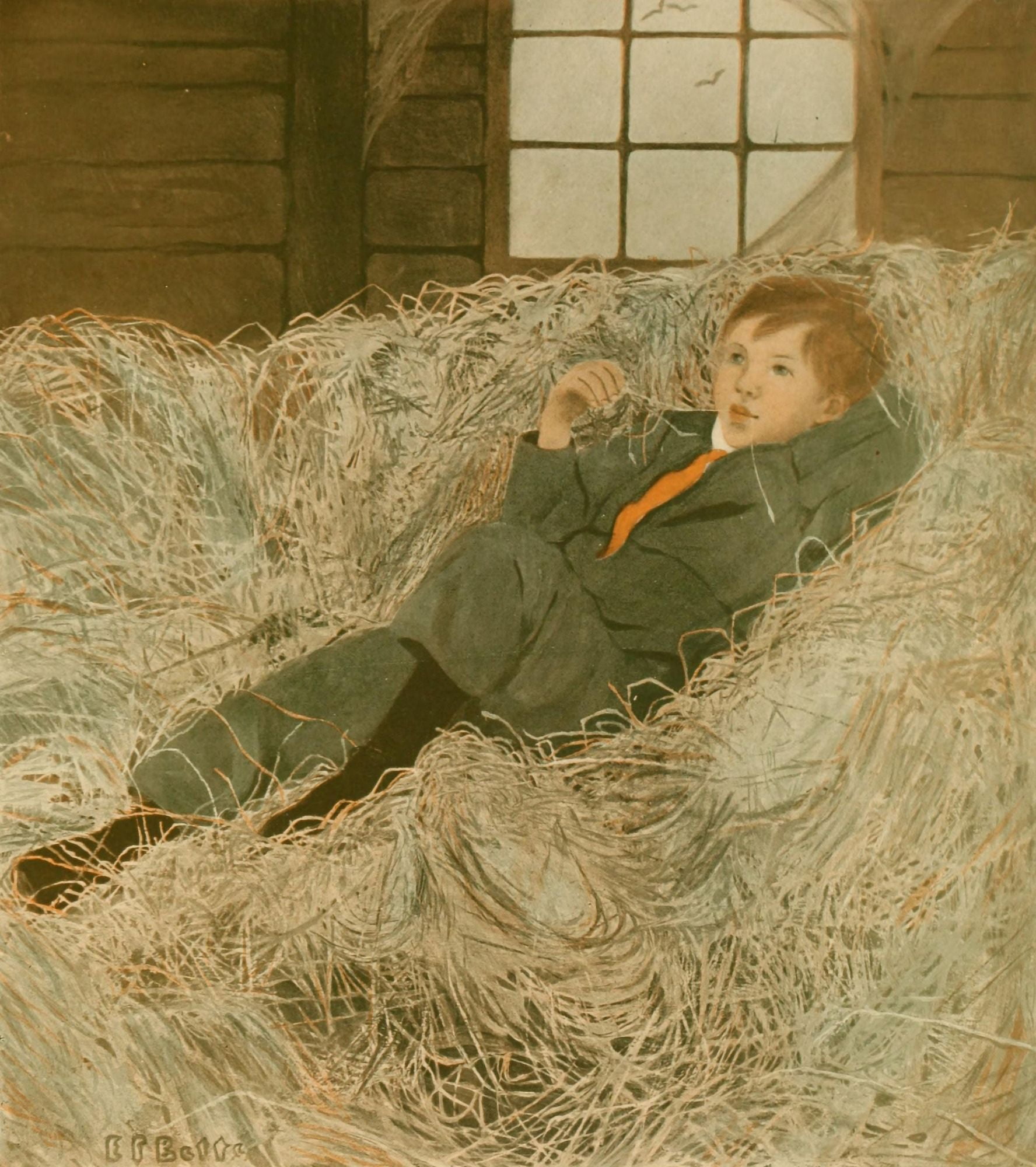 The Boy lives on our Farm 1911 Relaxing in the hay Canvas Art - Ethel Franklin Betts (18 x 24)
