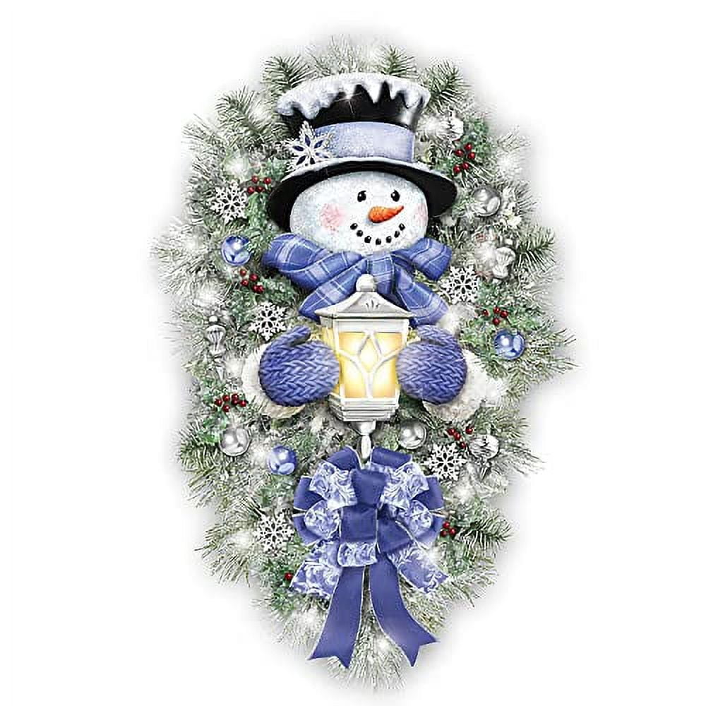 Luminous Winter Pine Wreath with Snowman and LED Lights, 24-Inch